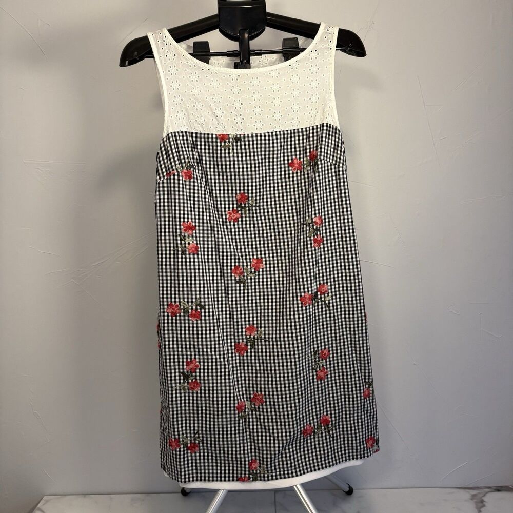 Karl Lagerfeld Black Gingham Floral Embroidered Eyelet Dress Size 10